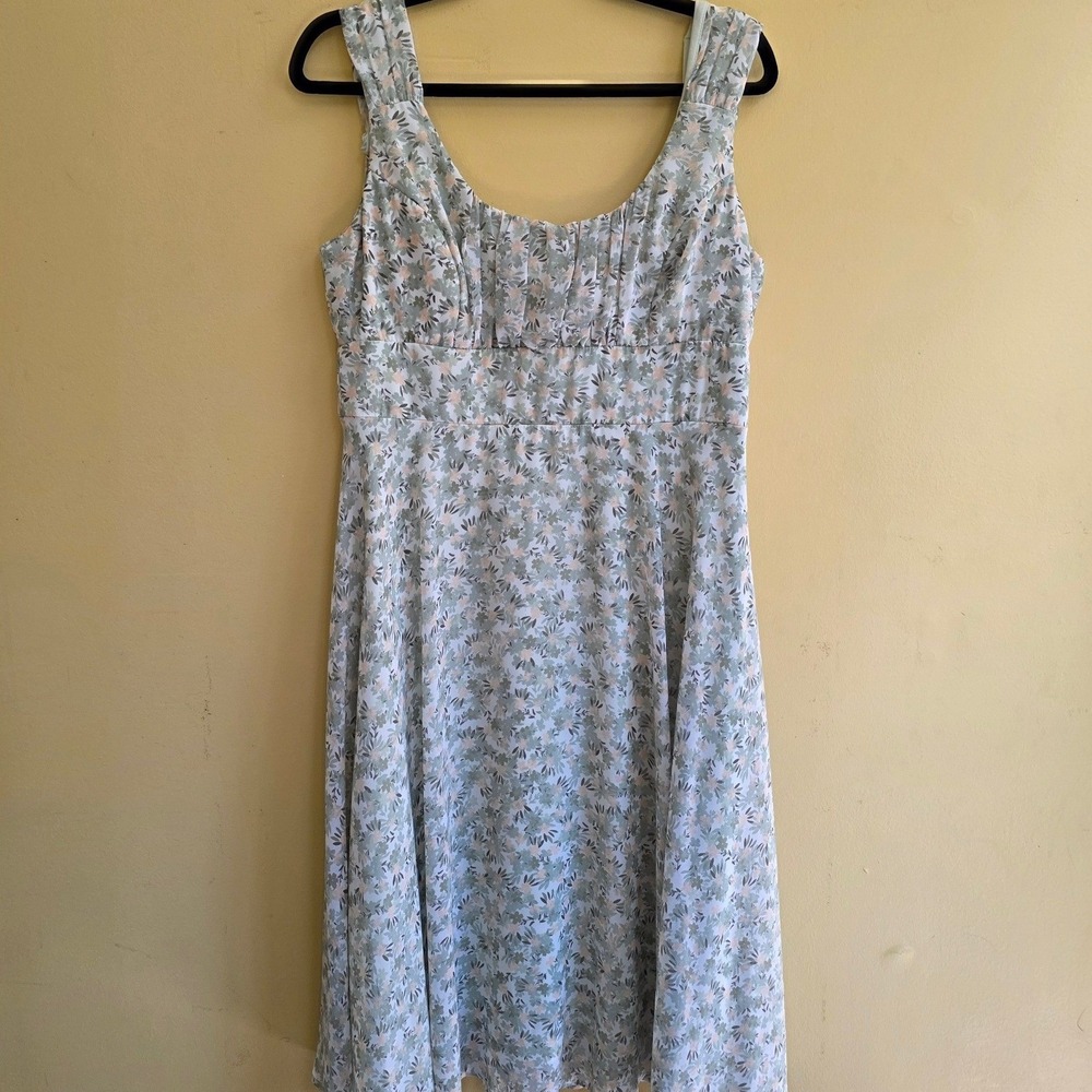 Cottagecore Floral Midi Dress 14 Green Ruched Sleeveless Wedding Day, Casual